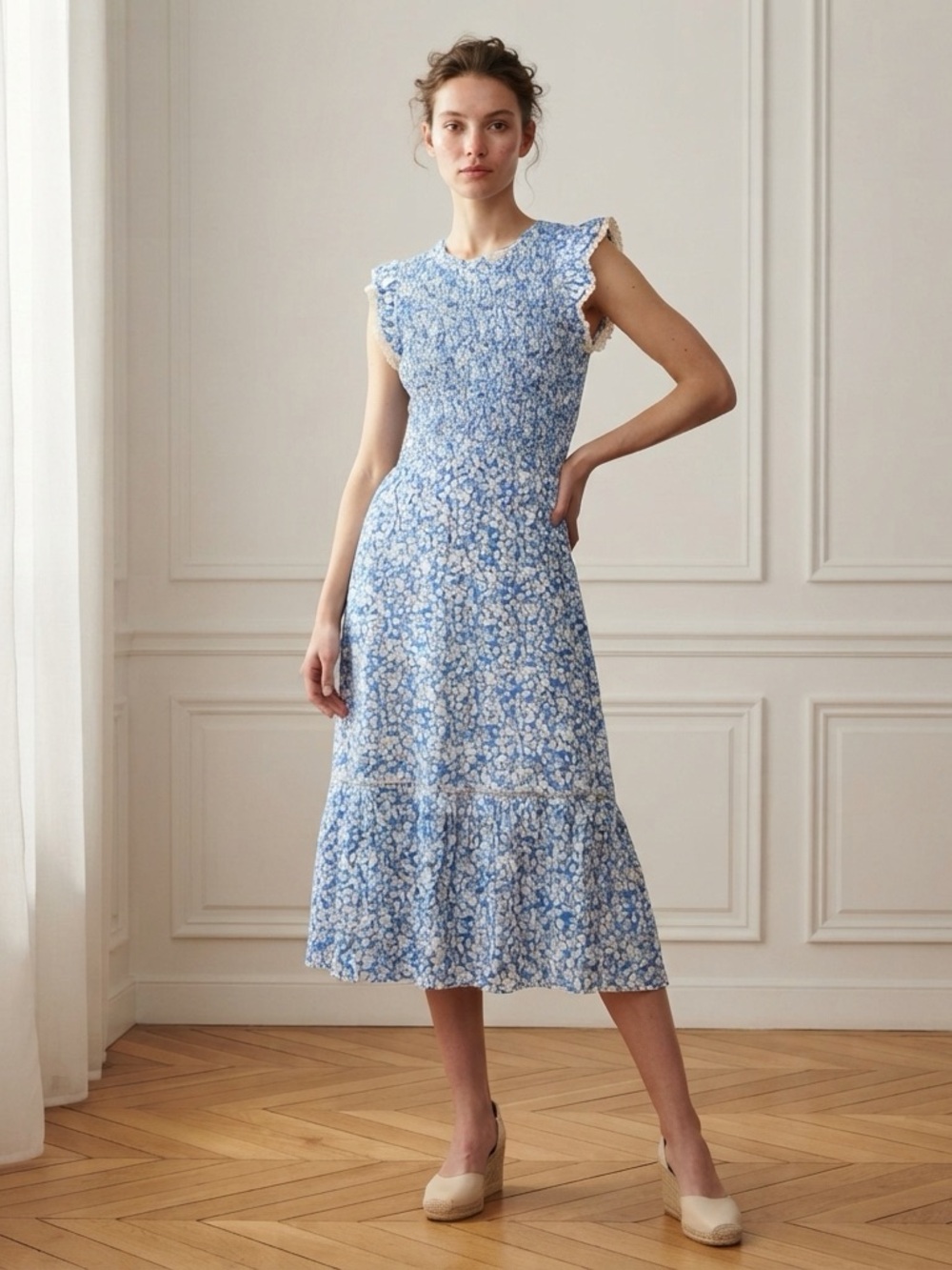 Lost + Wander Blue and White Floral Smocked Midi Dress
